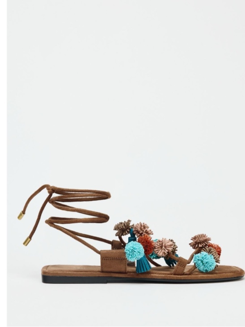 Zara Brown aloha Pom-Pom Lace-Up Sandals with Turquoise Accents size 9.5 EU 40
